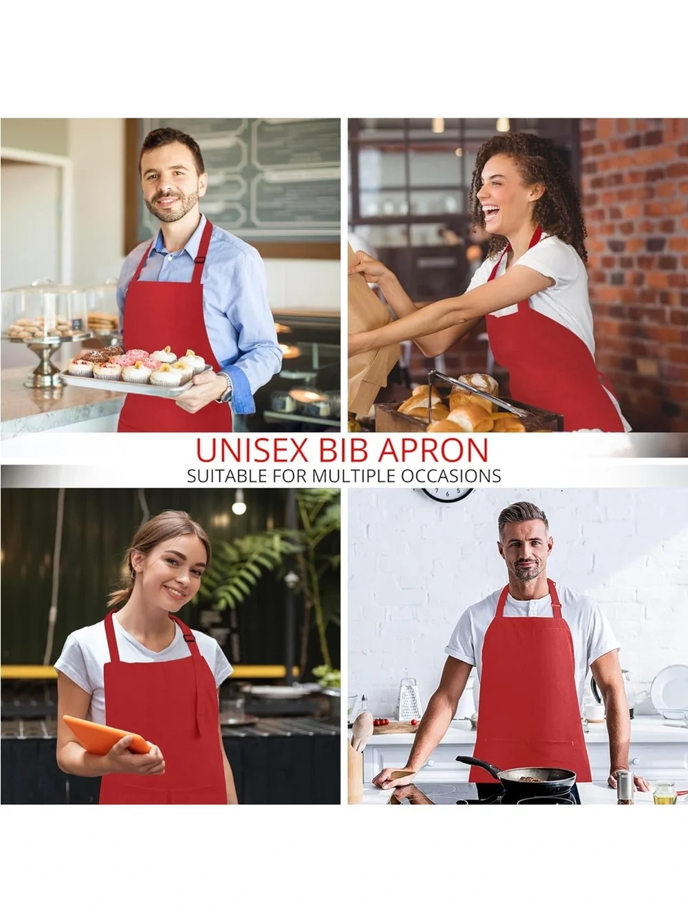 Unisex Red Bib Apron - Adjustable Kitchen Apron